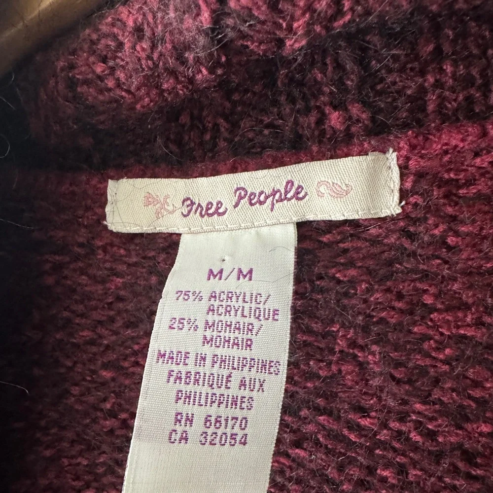 Free People Y2K‎ Tag Burgundy Open Cardigan Sweater Mohair Wool Blend